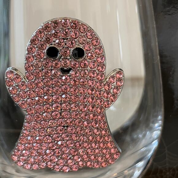 2pc Halloween GHOST Pink Crystal Rhinestone Stemless Wine Glass Set New - Picture 7 of 10